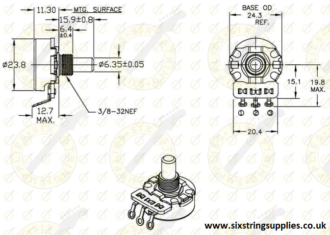 CTS potentiometer dimensions 250k split shaft