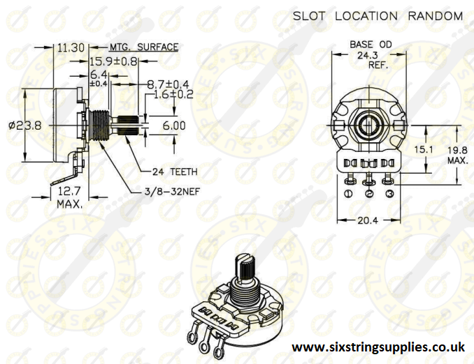 CTS potentiometer dimensions 250k solid shaft
