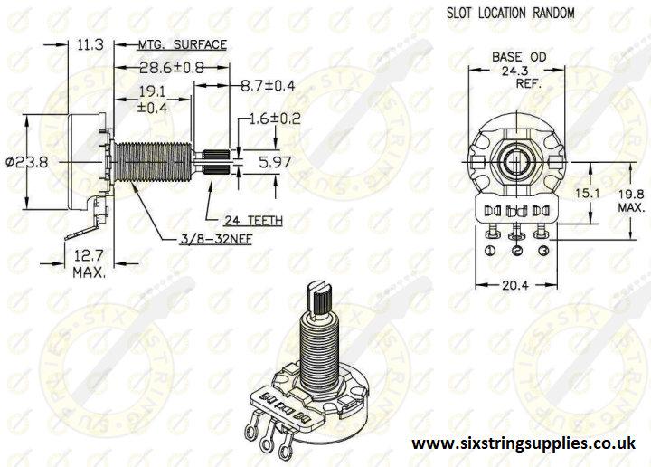 CTS potentiometer dimensions 500k long shaft