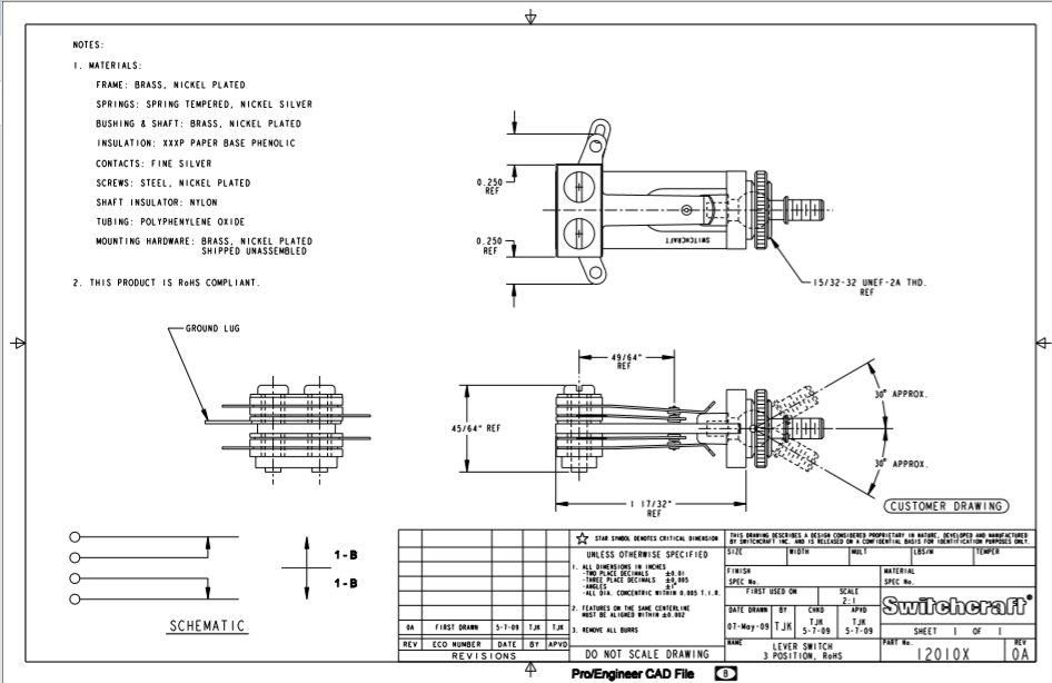 dimensions for switchcraft toggle switch for les paul